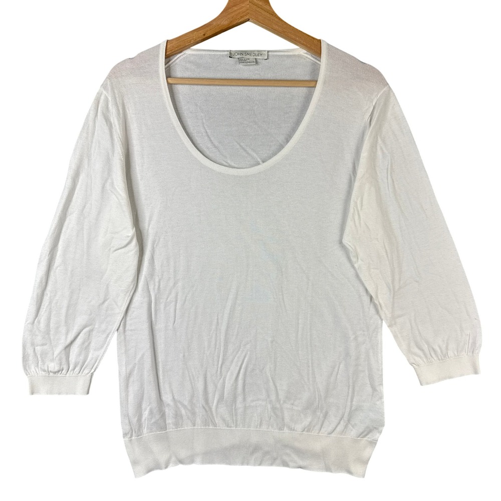 John Smedley Sea Island Cotton Scoop Neck M 3/4 Sleeve Scoop Neck Sweater White